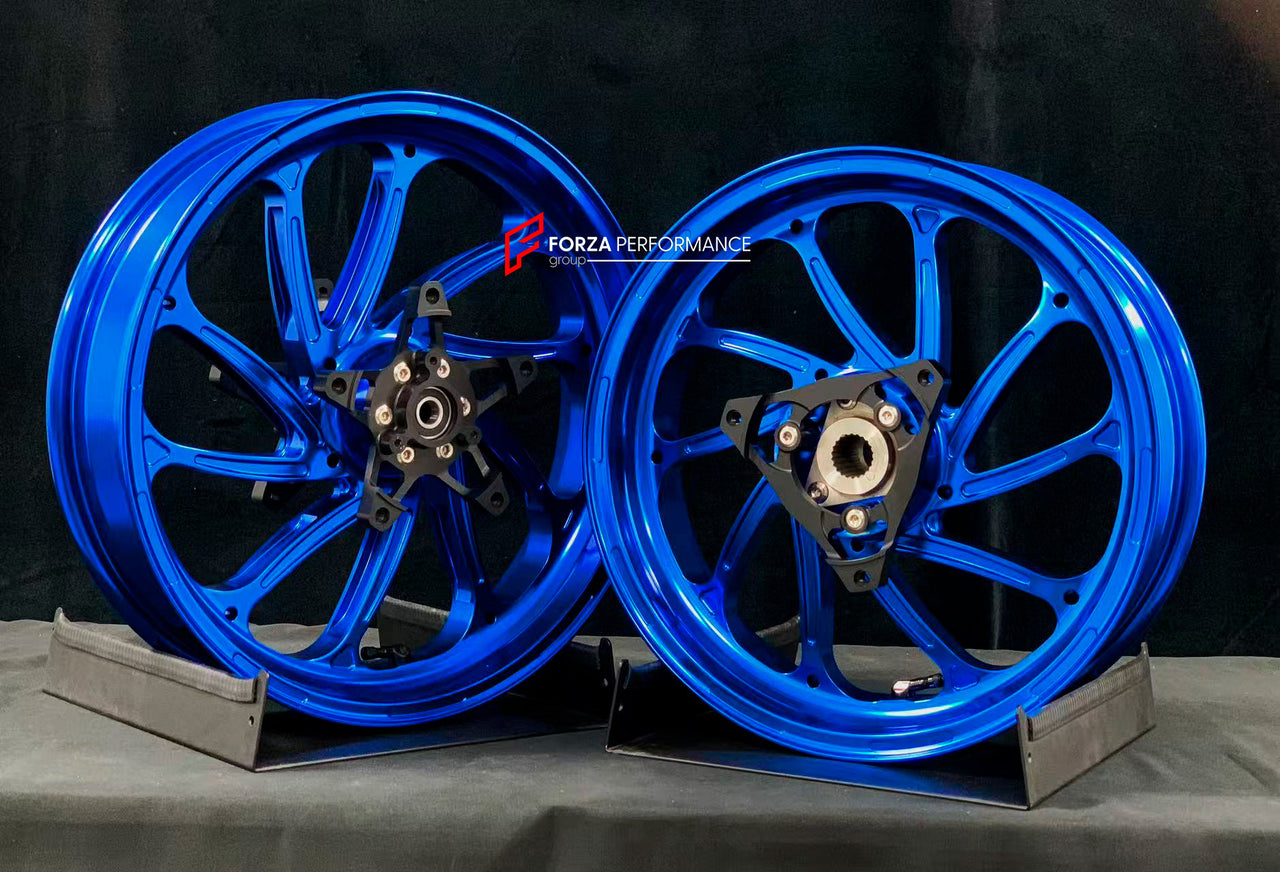 We manufacture premium quality forged motorcycle wheels rims for YAMAHA in any design, size, color.

Wheel sizes (motorcycle spec):

Front: 3.5 x 15

Rear: 4 x 14

Weight:

Front: 3.95 kg (8.71 lbs)

Rear: 3.85 kg (8.49 lbs)


Finishing: Gloss Blue

Forza Performance Group engineers and manufactures each forged motorcycle wheel individually per order. This ensures precise fitment, uncompromised strength, and unique styling. Whether for racing, touring, or daily use — our wheels are built for both performanc