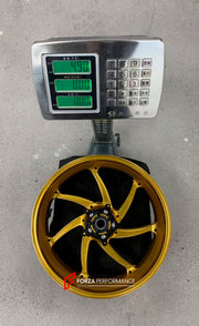 We manufacture premium quality forged motorcycle wheels rims for YAMAHA in any design, size, color.

Wheel sizes (motorcycle spec):

Front: 3.5 x 17

Rear: 6 x 17

Weight:

Front: 4.3 kg (9.48 lbs)

Rear 4.9 kg (10.8 lbs)


Finishing: Gloss Gold

Forza Performance Group engineers and manufactures each forged motorcycle wheel individually per order. This ensures precise fitment, uncompromised strength, and unique styling. Whether for racing, touring, or daily use — our wheels are built for both performance a