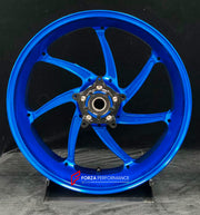 We manufacture premium quality forged motorcycle wheels rims for YAMAHA in any design, size, color.

Wheel sizes (motorcycle spec):

Front: 3.5 x 17

Rear: 6 x 17

Weight:

Front: 4.3 kg (9.48 lbs)

Rear 4.9 kg (10.8 lbs)


Finishing: Gloss Blue

Forza Performance Group engineers and manufactures each forged motorcycle wheel individually per order. This ensures precise fitment, uncompromised strength, and unique styling. Whether for racing, touring, or daily use — our wheels are built for both performance a