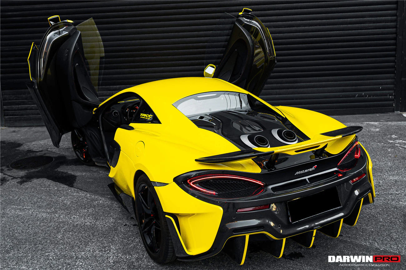 CONVERSION UPGRADE FACELIFT OLD TO NEW BODY KIT for MCLAREN 540C 570S 2015 - 2020 to 600LT 2018 - 2021
Set includes:

Rear Bumper Side Canards
Trunk Spoiler with LED Light
Engine Trunk
Rear Bumper
Rear Diffuser
Exhaust
Material: Carbon (Can be made in Forged Carbon)

NOTE: Professional installation is required.