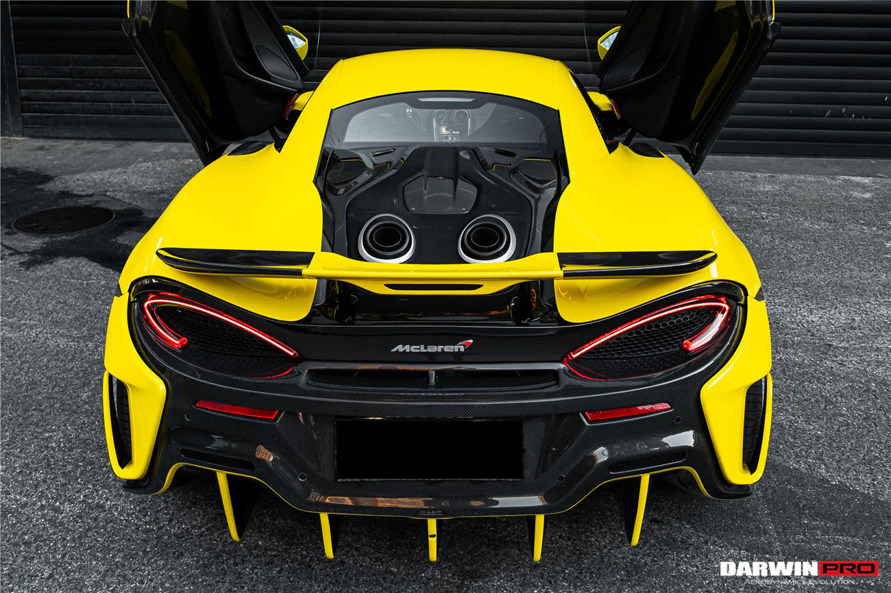 CONVERSION UPGRADE FACELIFT OLD TO NEW BODY KIT for MCLAREN 540C 570S 2015 - 2020 to 600LT 2018 - 2021
Set includes:

Rear Bumper Side Canards
Trunk Spoiler with LED Light
Engine Trunk
Rear Bumper
Rear Diffuser
Exhaust
Material: Carbon (Can be made in Forged Carbon)

NOTE: Professional installation is required.