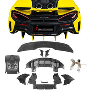 CONVERSION UPGRADE FACELIFT OLD TO NEW BODY KIT for MCLAREN 540C 570S 2015 - 2020 to 600LT 2018 - 2021
Set includes:

Rear Bumper Side Canards
Trunk Spoiler with LED Light
Engine Trunk
Rear Bumper
Rear Diffuser
Exhaust
Material: Carbon (Can be made in Forged Carbon)

NOTE: Professional installation is required.