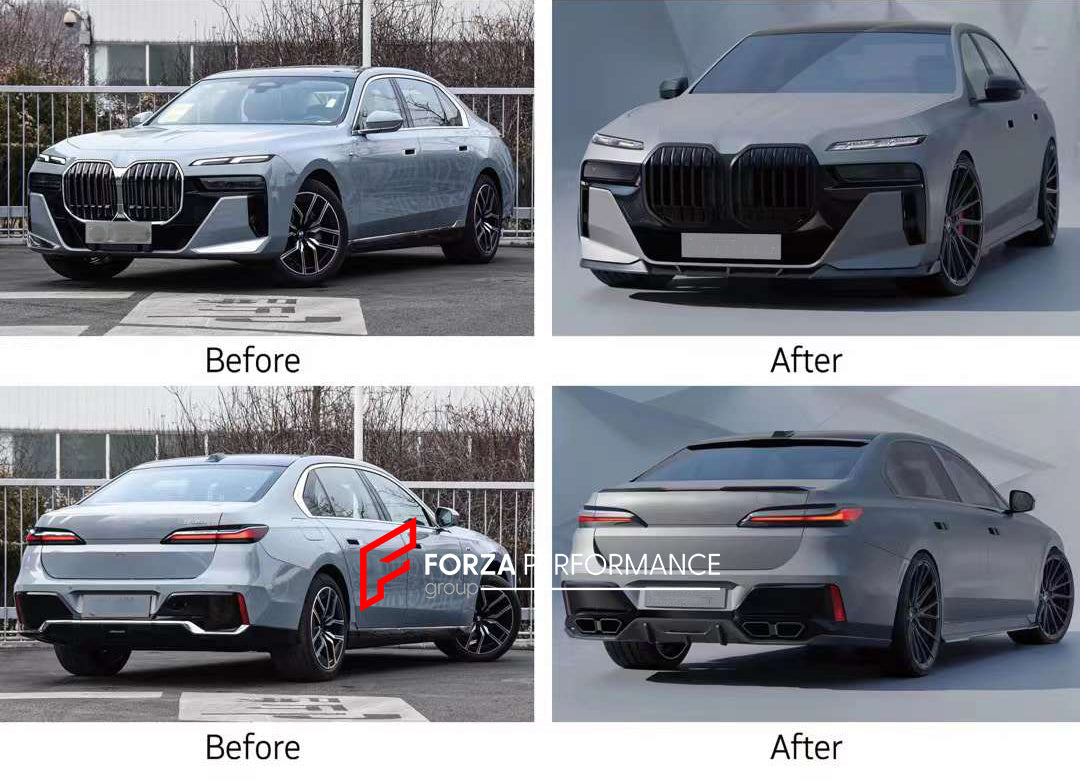 AERO BODY KIT FOR BMW 7 SERIES G70 M760 2022  Set includes:  Front Lip Side Skirts Roof Spoiler Rear Spoiler Rear Diffuser Exhaust Tips