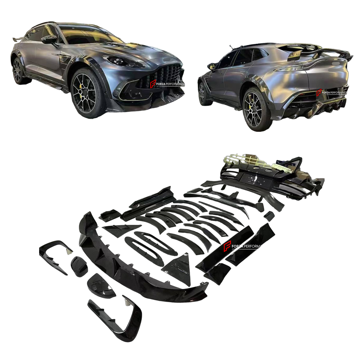 DRY CARBON BODY KIT for ASTON MARTIN DBX AM8 2020 - 2024 FORZA PERFORMANCE custom fit MS Style

Set includes:
Front Lip
Front Bumper Air Vent Covers
Hood Bonnet Air Vents
Side Fender Vents
Fender Flares
Side Mirror Covers
Body Side Door Moldings
Side Skirts
Roof Spoiler
Rear Spoiler Wing
Rear Diffuser

Material: Dry Carbon

NOTE: Professional installation is required.