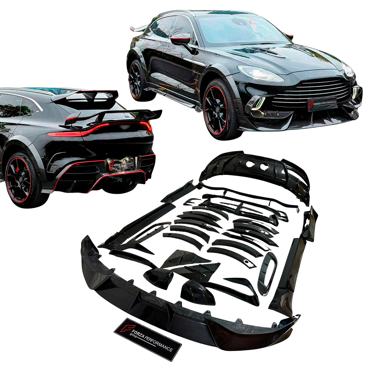 DRY CARBON BODY KIT for Aston Martin DBX AM8 2020 - 2024
Set includes:

Front Lip
Front Canards
Hood Air Vents
Side Mirrors
Side Fenders
Side Air Vents
Side Skirts
Rear Bumper
Rear Spoiler Wing
Exhaust System
Exhaust Tips
Material: Dry Carbon

NOTE: Professional installation is required.