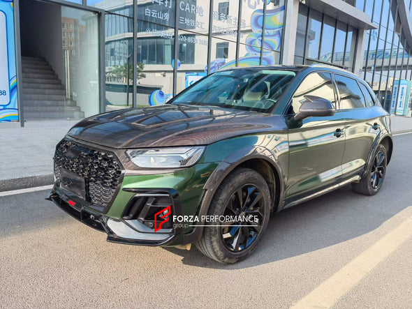 DRY CARBON BODY KIT for AUDI Q5 2023  Set includes:  Hood Front Lip Front Canards Front Air Vents Mirror Covers Side Fenders Side Skirts Roof Spoiler Rear Spoiler Rear Diffuser Exhaust Tips