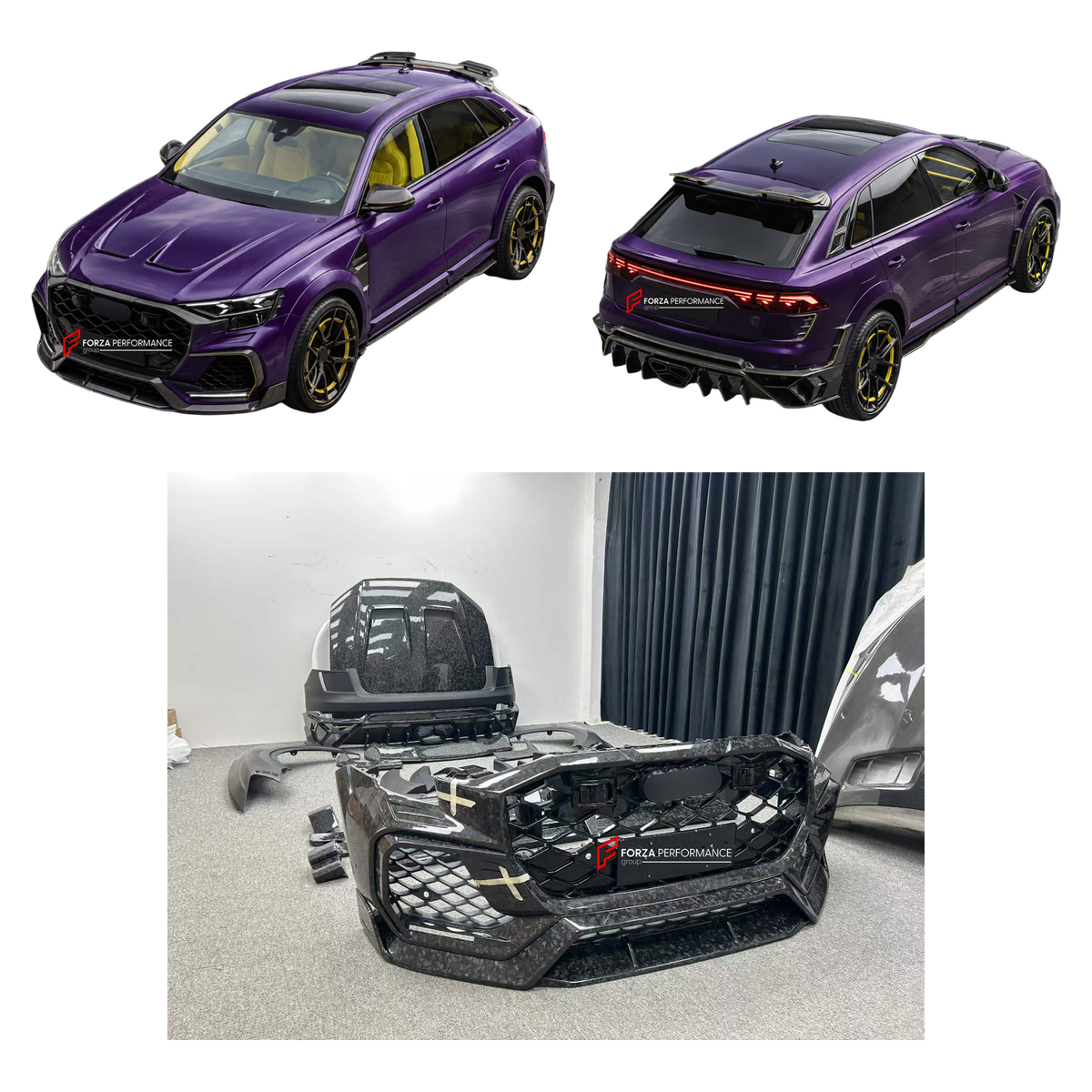 DRY CARBON BODY KIT for AUDI Q8 RS Q8 4M FACELIFT 2023+ FORZA PERFORMANCE custom fit Mansory Style

Set includes:
Front Lip
Front Bumper Assembly
Front Grille
Hood Bonnet
Front Fenders
Fender Flares
Body Side Door Moldings
Side Skirts
Roof Spoiler
Ducktail Spoiler
Rear Bumper Assembly
Rear Diffuser

Material: Dry Carbon

NOTE: Professional installation is required.