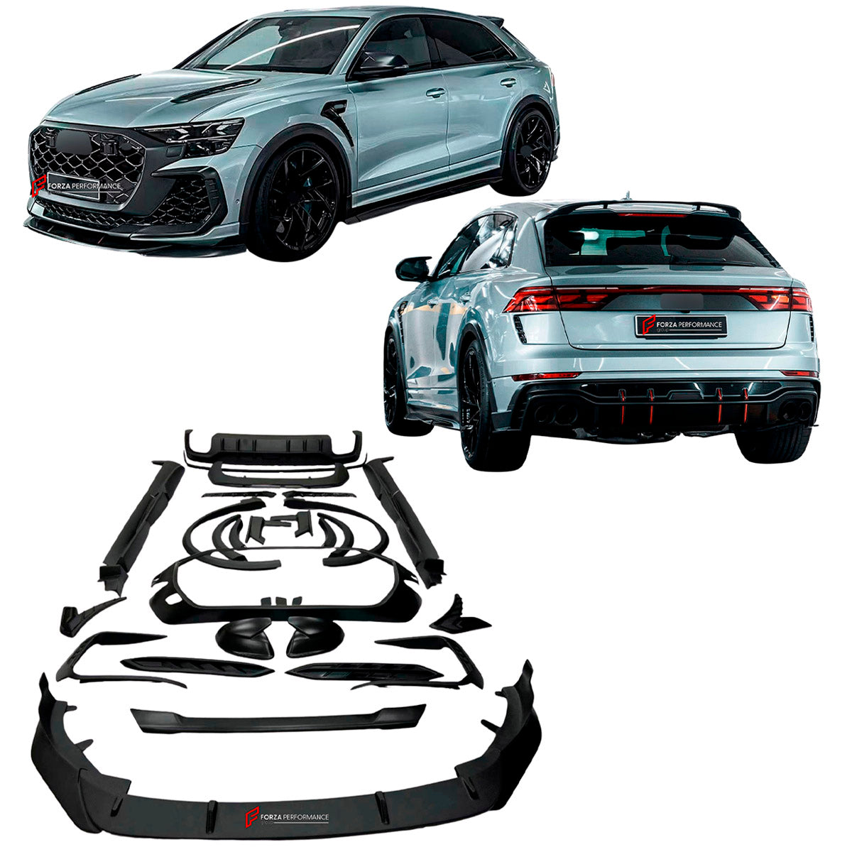 DRY CARBON BODY KIT for AUDI RS Q8 4M 2024+ FORZA PERFORMANCE custom fit ABT
Set includes:

Front Lip
Front Splitter
Front Bumper Fins
Front Fenders
Front Fender Vents
Side Mirror Covers
Side Skirts
Rear Fenders
Ducktail Spoiler
Rear Bumper Fins
Rear Diffuser
Material: Dry Carbon

NOTE: Professional installation is required.