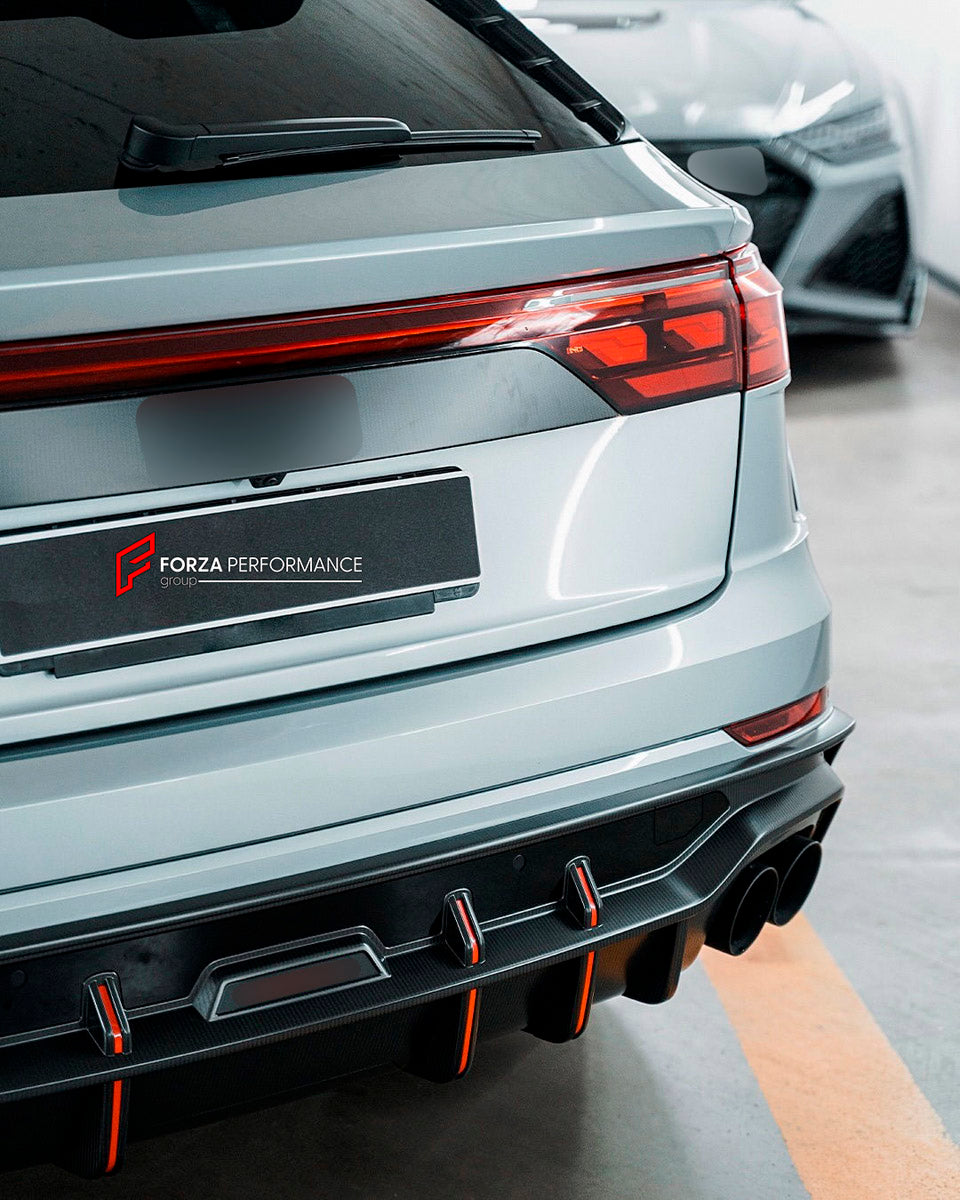 DRY CARBON BODY KIT for AUDI RS Q8 4M 2024+ FORZA PERFORMANCE custom fit ABT
Set includes:

Front Lip
Front Splitter
Front Bumper Fins
Front Fenders
Front Fender Vents
Side Mirror Covers
Side Skirts
Rear Fenders
Ducktail Spoiler
Rear Bumper Fins
Rear Diffuser
Material: Dry Carbon

NOTE: Professional installation is required.