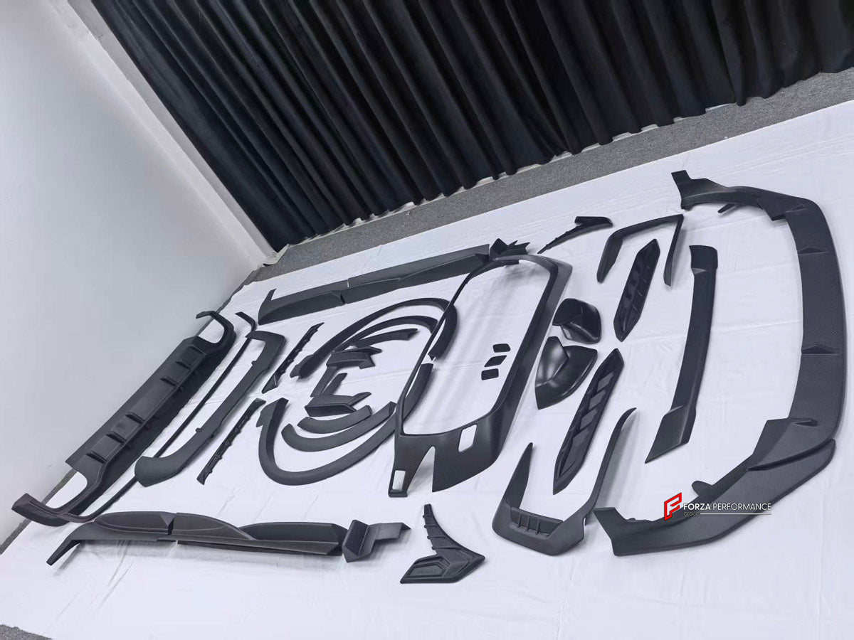 DRY CARBON BODY KIT for AUDI RS Q8 4M 2024+ FORZA PERFORMANCE custom fit ABT
Set includes:

Front Lip
Front Splitter
Front Bumper Fins
Front Fenders
Front Fender Vents
Side Mirror Covers
Side Skirts
Rear Fenders
Ducktail Spoiler
Rear Bumper Fins
Rear Diffuser
Material: Dry Carbon

NOTE: Professional installation is required.
