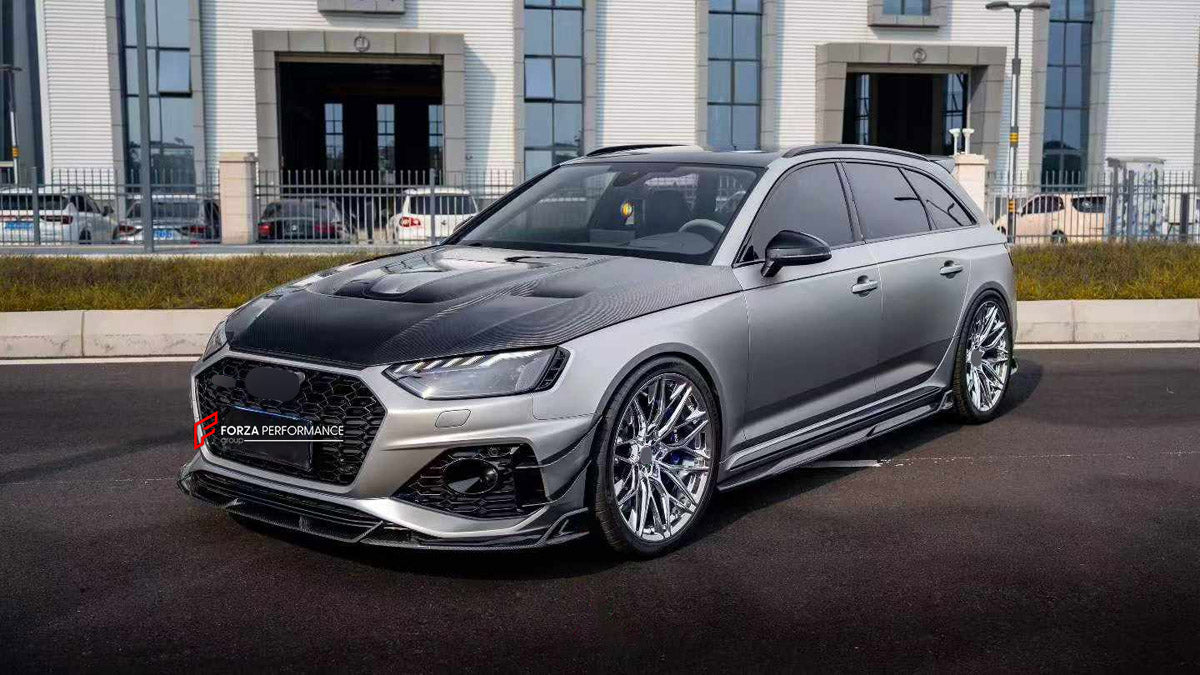 DRY CARBON BODY KIT for AUDI RS4 B9 FACELIFT 2019 - 2025

Set includes:
Front Lip
Front Bumper Canards
Hood Bonnet
Side Skirts
Roof Spoiler
Rear Bumper Fins
Rear Diffuser

Material: Dry Carbon

NOTE: Professional installation is required.