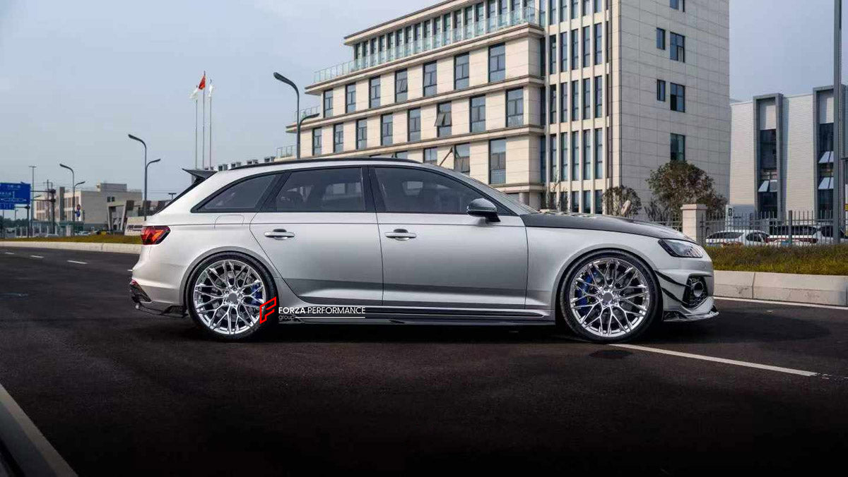 DRY CARBON BODY KIT for AUDI RS4 B9 FACELIFT 2019 - 2025

Set includes:
Front Lip
Front Bumper Canards
Hood Bonnet
Side Skirts
Roof Spoiler
Rear Bumper Fins
Rear Diffuser

Material: Dry Carbon

NOTE: Professional installation is required.