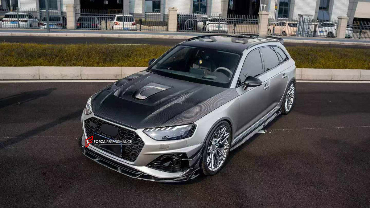 DRY CARBON BODY KIT for AUDI RS4 B9 FACELIFT 2019 - 2025

Set includes:
Front Lip
Front Bumper Canards
Hood Bonnet
Side Skirts
Roof Spoiler
Rear Bumper Fins
Rear Diffuser

Material: Dry Carbon

NOTE: Professional installation is required.