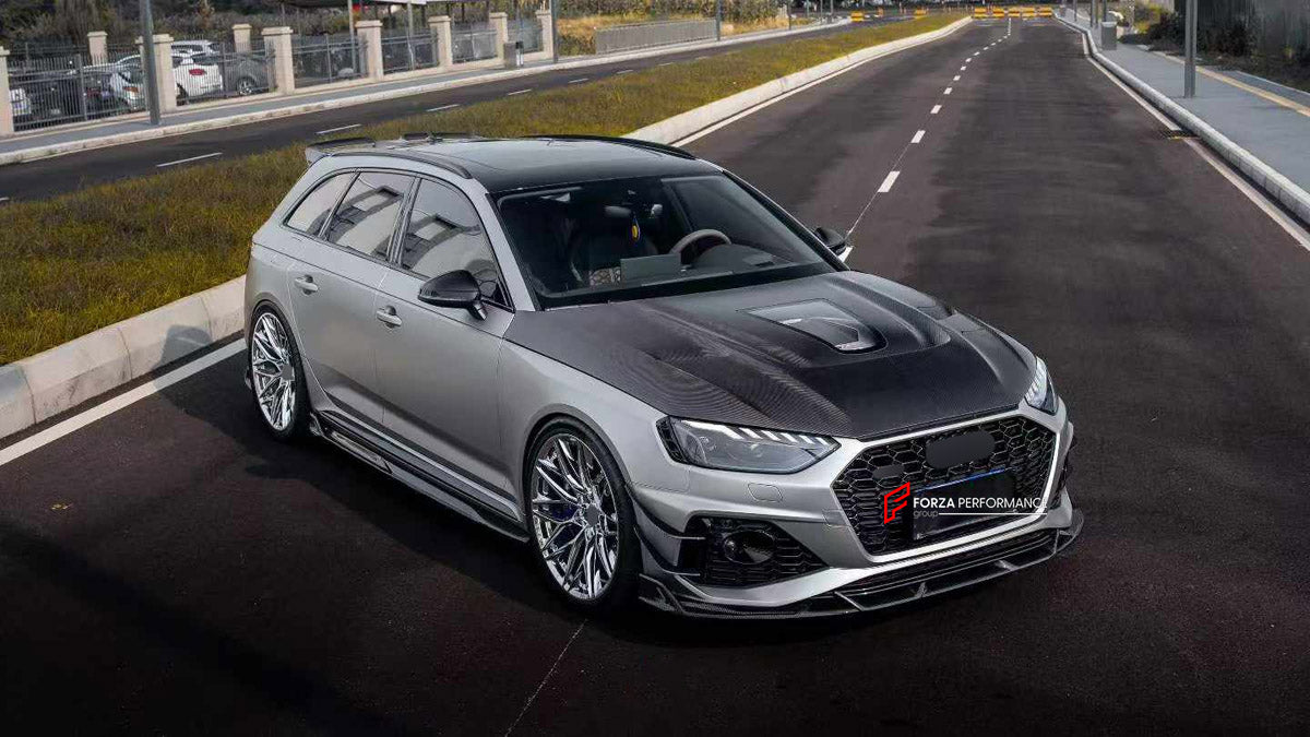 DRY CARBON BODY KIT for AUDI RS4 B9 FACELIFT 2019 - 2025

Set includes:
Front Lip
Front Bumper Canards
Hood Bonnet
Side Skirts
Roof Spoiler
Rear Bumper Fins
Rear Diffuser

Material: Dry Carbon

NOTE: Professional installation is required.