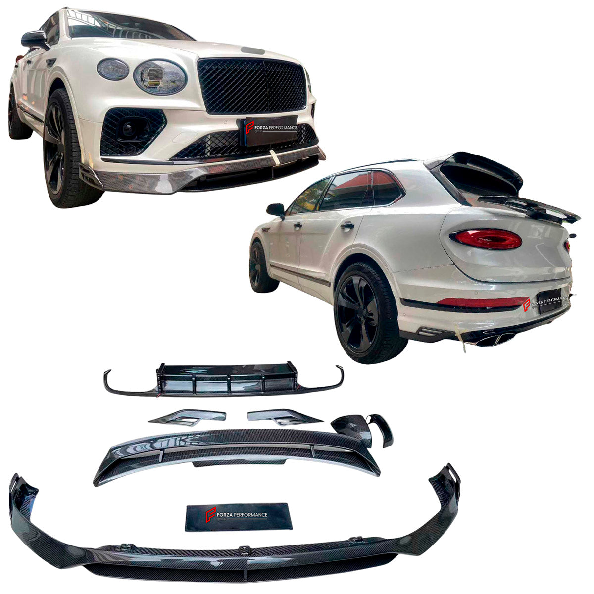 DRY CARBON BODY KIT for Bentley Bentayga 2020+
Set includes:

Front Lip
Side Mirror Cover
Rear Spoiler Wing
Rear Diffuser
Rear Bumper Fins
Material: Dry Carbon

NOTE: Professional installation is required.
