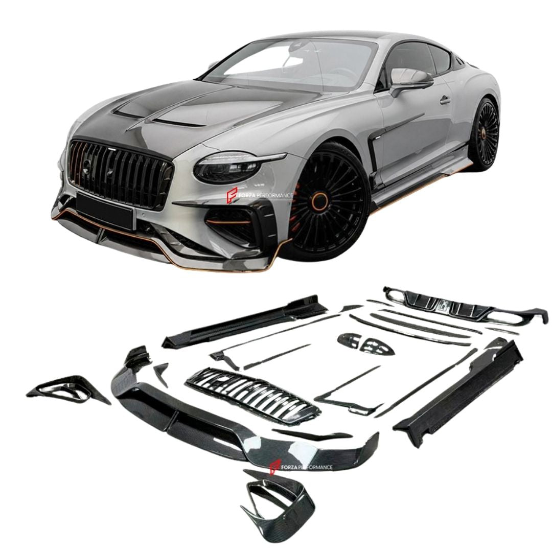 DRY CARBON BODY KIT for BENTLEY CONTINENTAL GT 2024+
Set includes:

Front Lip
Front Grille
Side Skirts
Front Bumper Air Intake Trims
Front Canards
Side Canards
Rear Diffuser
Mirror Covers
Rear Spoiler
Material: Dry Carbon

NOTE: Professional installation is required.