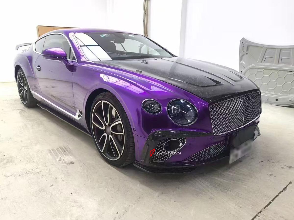 DRY CARBON BODY KIT for BENTLEY CONTINENTAL GT/GTC V8 W12 2018+
Set includes:

Front Lip
Front Grille
Front Bumper Trims
Mirror Caps
Hood Bonnet
Side Skirts
Rear Diffuser
Rear Spoiler (optional, at extra cost)
Material: Dry Carbon

NOTE: Professional installation is required.