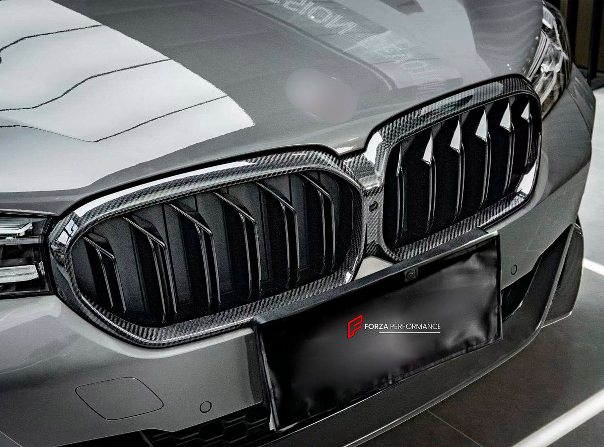 DRY CARBON BODY KIT for BMW 5 SERIES G30 2021+ FORZA PERFORMANCE custom fit MP Style
Set includes:

Front Lip
Front Grille
Side Mirror Covers
Side Skirts
Ducktail Spoiler
Rear Diffuser
Material: Dry Carbon

NOTE: Professional installation is required.