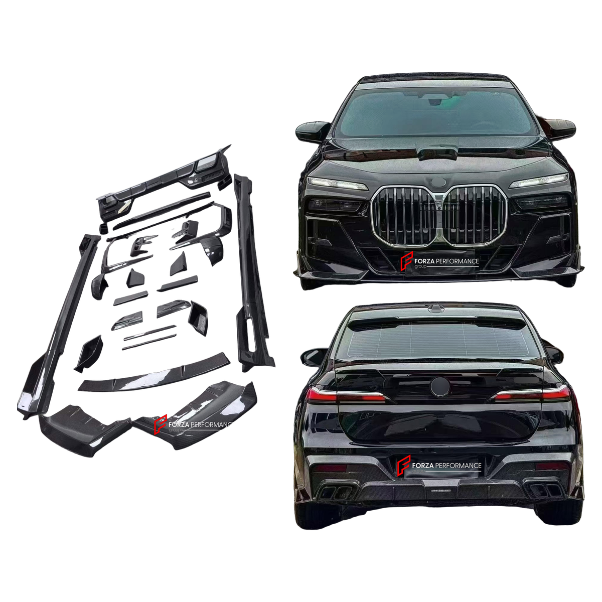 DRY CARBON BODY KIT for BMW 7 SERIES G70 2022+ FORZA PERFORMANCE custom fit Mansory Style

Set includes:
Front Lip
Front Bumper Canards
Front Bumper Air Vent Covers
Side Mirror Covers
Side Skirts
Roof Spoiler
Ducktail Spoiler
Rear Bumper Fins
Rear Diffuser

Material: Dry Carbon, Carbon

NOTE: Professional installation is required.
