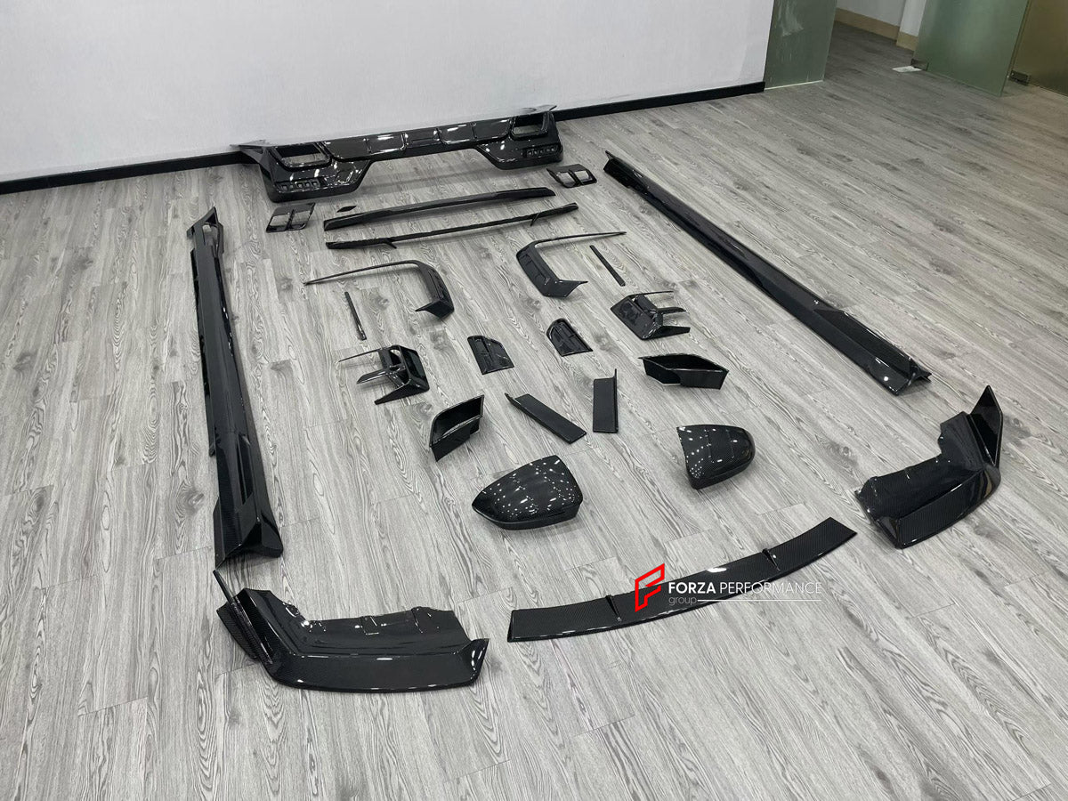 DRY CARBON BODY KIT for BMW 7 SERIES G70 2022+ FORZA PERFORMANCE custom fit Mansory Style

Set includes:
Front Lip
Front Bumper Canards
Front Bumper Air Vent Covers
Side Mirror Covers
Side Skirts
Roof Spoiler
Ducktail Spoiler
Rear Bumper Fins
Rear Diffuser
Exhaust Tips

Material: Dry Carbon, Carbon

NOTE: Professional installation is required.