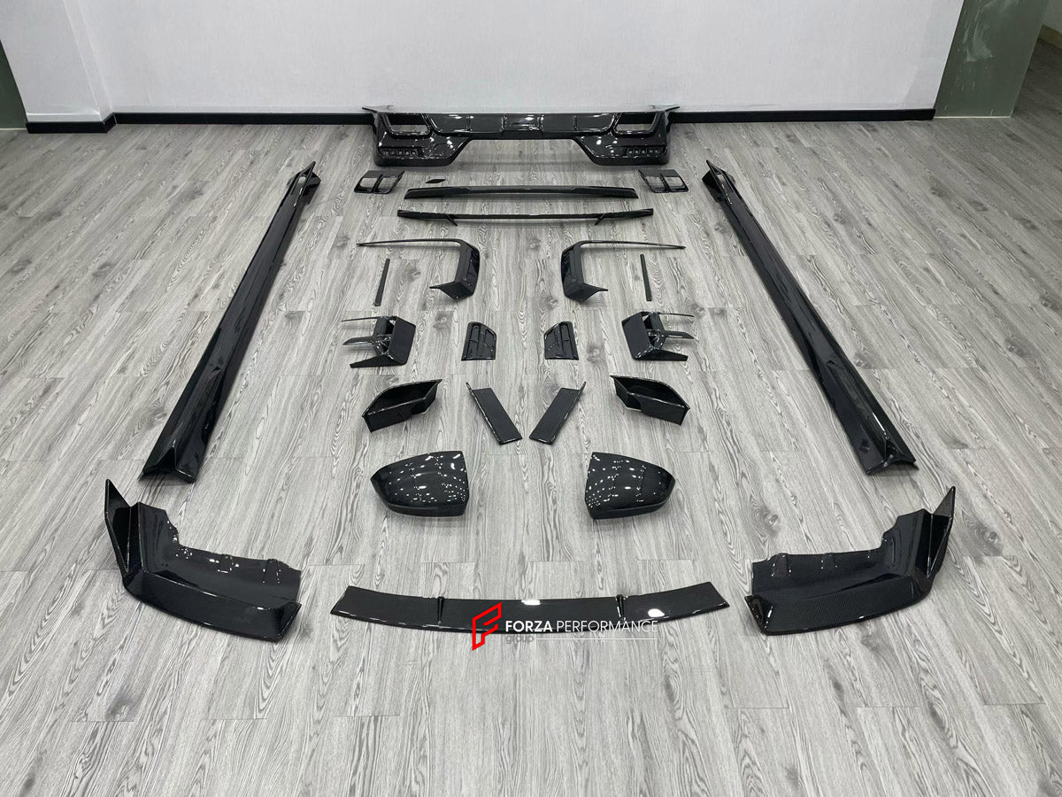 DRY CARBON BODY KIT for BMW 7 SERIES G70 2022+ FORZA PERFORMANCE custom fit Mansory Style

Set includes:
Front Lip
Front Bumper Canards
Front Bumper Air Vent Covers
Side Mirror Covers
Side Skirts
Roof Spoiler
Ducktail Spoiler
Rear Bumper Fins
Rear Diffuser
Exhaust Tips

Material: Dry Carbon, Carbon

NOTE: Professional installation is required.