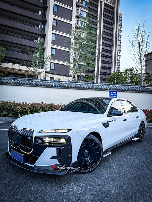 DRY CARBON BODY KIT for BMW 7 SERIES G70 2022+

Set includes:

Front Lip
Front Bumper Trims
Front Bumper Air Vent Covers
Side Mirror Covers
Side Trims
Side Skirts
Roof Spoiler
Rear Spoiler
Rear Diffuser

Material: Dry Carbon