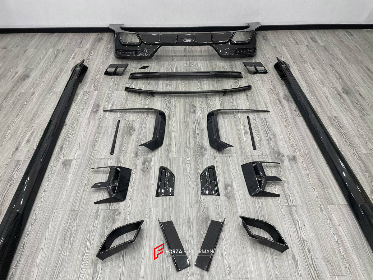 DRY CARBON BODY KIT for BMW 7 SERIES G70 2022+ FORZA PERFORMANCE custom fit Mansory Style

Set includes:
Front Lip
Front Bumper Canards
Front Bumper Air Vent Covers
Side Mirror Covers
Side Skirts
Roof Spoiler
Ducktail Spoiler
Rear Bumper Fins
Rear Diffuser
Exhaust Tips

Material: Dry Carbon, Carbon

NOTE: Professional installation is required.