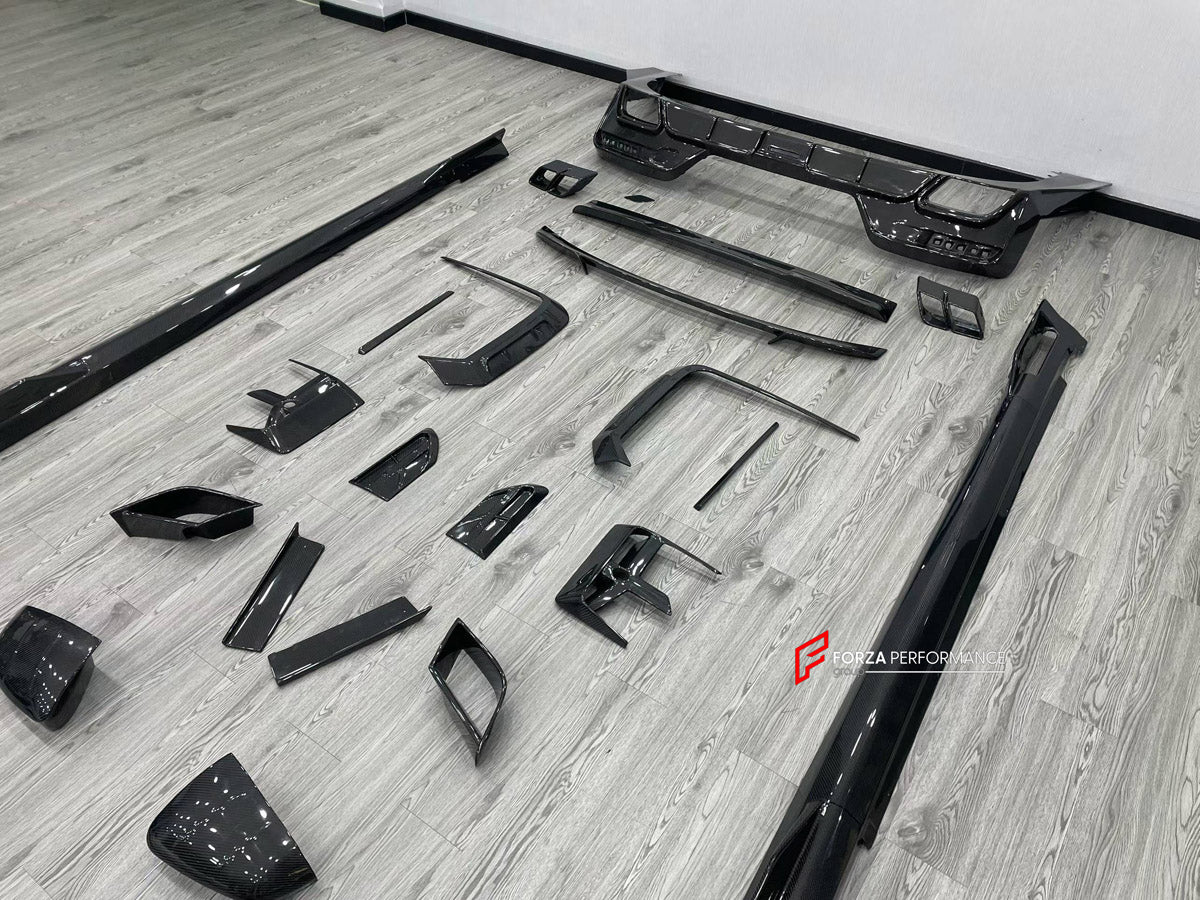 DRY CARBON BODY KIT for BMW 7 SERIES G70 2022+ FORZA PERFORMANCE custom fit Mansory Style

Set includes:
Front Lip
Front Bumper Canards
Front Bumper Air Vent Covers
Side Mirror Covers
Side Skirts
Roof Spoiler
Ducktail Spoiler
Rear Bumper Fins
Rear Diffuser
Exhaust Tips

Material: Dry Carbon, Carbon

NOTE: Professional installation is required.