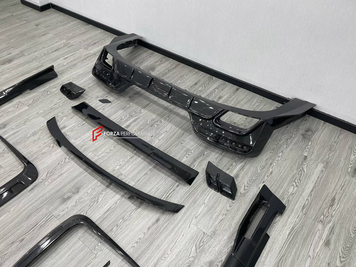 DRY CARBON BODY KIT for BMW 7 SERIES G70 2022+ FORZA PERFORMANCE custom fit Mansory Style

Set includes:
Front Lip
Front Bumper Canards
Front Bumper Air Vent Covers
Side Mirror Covers
Side Skirts
Roof Spoiler
Ducktail Spoiler
Rear Bumper Fins
Rear Diffuser
Exhaust Tips

Material: Dry Carbon, Carbon

NOTE: Professional installation is required.