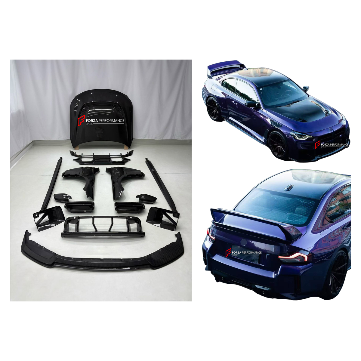 DRY CARBON BODY KIT for BMW M2 G87 2023+

Set includes:
Front Lip
Front Grille
Hood Bonnet
Front Fenders
Side Mirror Covers
Side Skirts
Rear Spoiler Wing
Rear Diffuser

Material: Dry Carbon

NOTE: Professional installation is required.