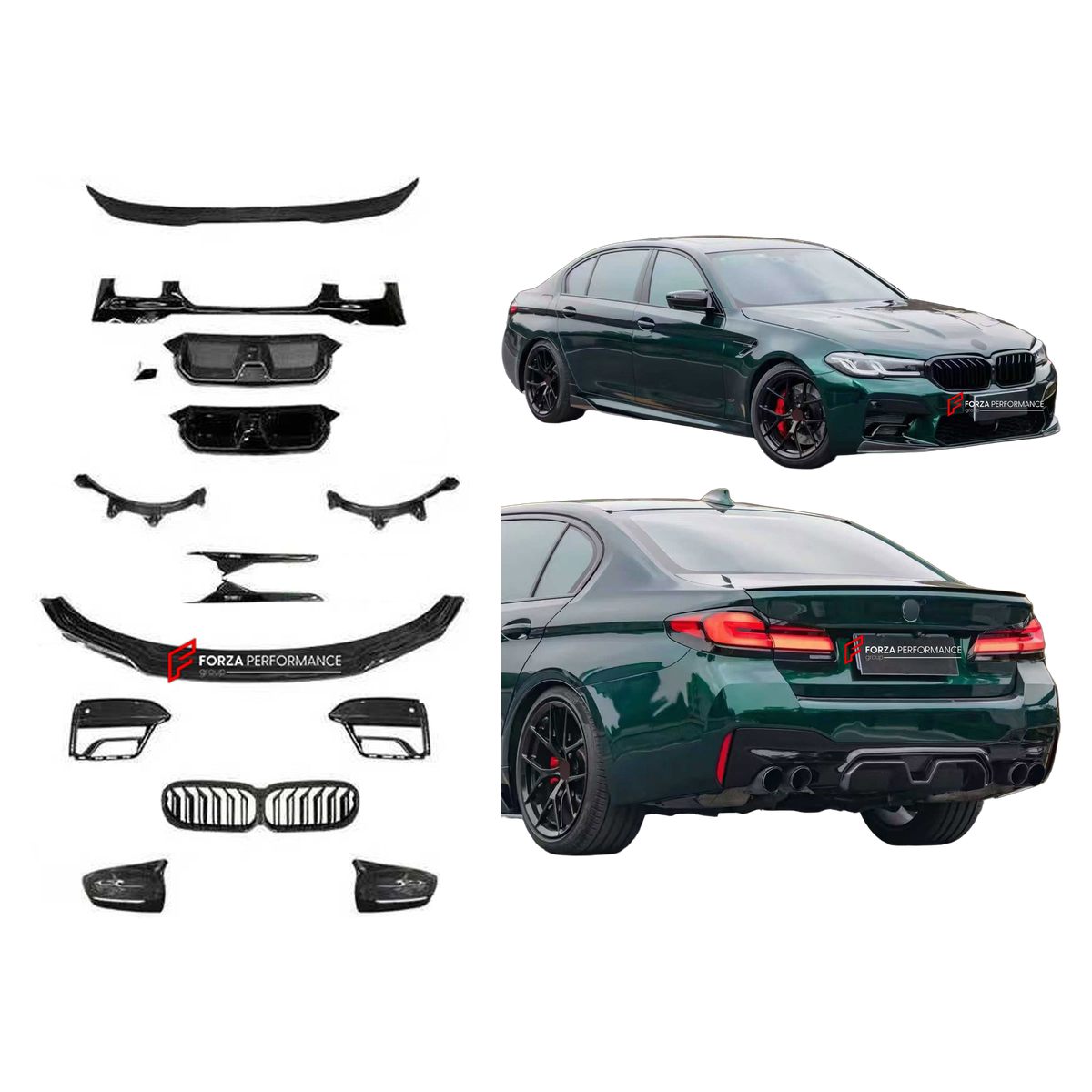 DRY CARBON BODY KIT for BMW M5 F90 LCI 2020 - 2023 FORZA PERFORMANCE custom fit CS Style

Set includes:
Front Lip
Front Grille
Fog Lights Covers
Side Fender Vents
Fender Flares
Side Mirror Covers
Ducktail Spoiler
Rear Diffuser

Material: Dry Carbon

NOTE: Professional installation is required.