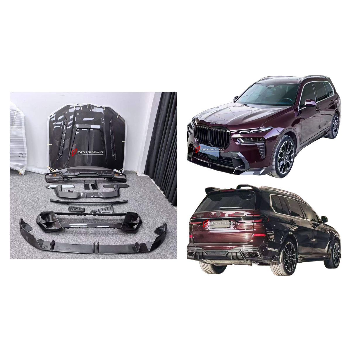 DRY CARBON BODY KIT for BMW X7 G07 LCI 2023+ FORZA PERFORMANCE custom fit Larte Design Style

Set includes:
Front Lip
Fog Lights Covers
Hood Bonnet
Side Skirts
Roof Spoiler
Rear Bumper Fins
Rear Diffuser

Material: Dry Carbon, Carbon

NOTE: Professional installation is required.