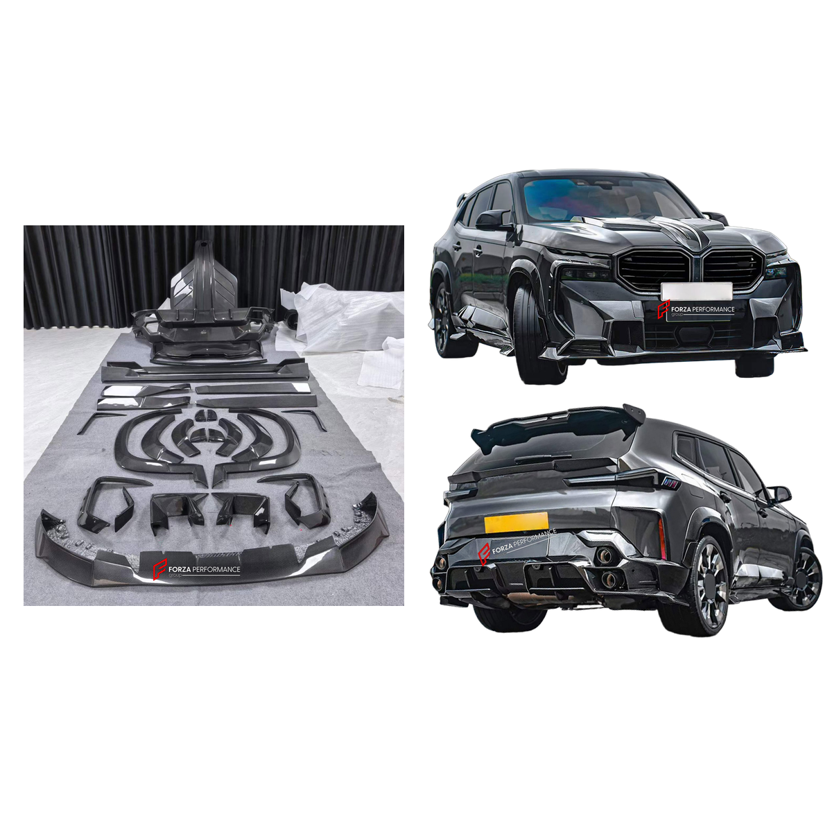DRY CARBON BODY KIT for BMW XM G09 2023+ FORZA PERFORMANCE custom fit MS Style

Set includes:
Front Lip
Front Bumper Canards
Hood Bonnet
Fender Flares
Side Skirts
Roof Spoiler
Ducktail Spoiler
Rear Bumper
Rear Diffuser

Material: Dry Carbon

NOTE: Professional installation is required.