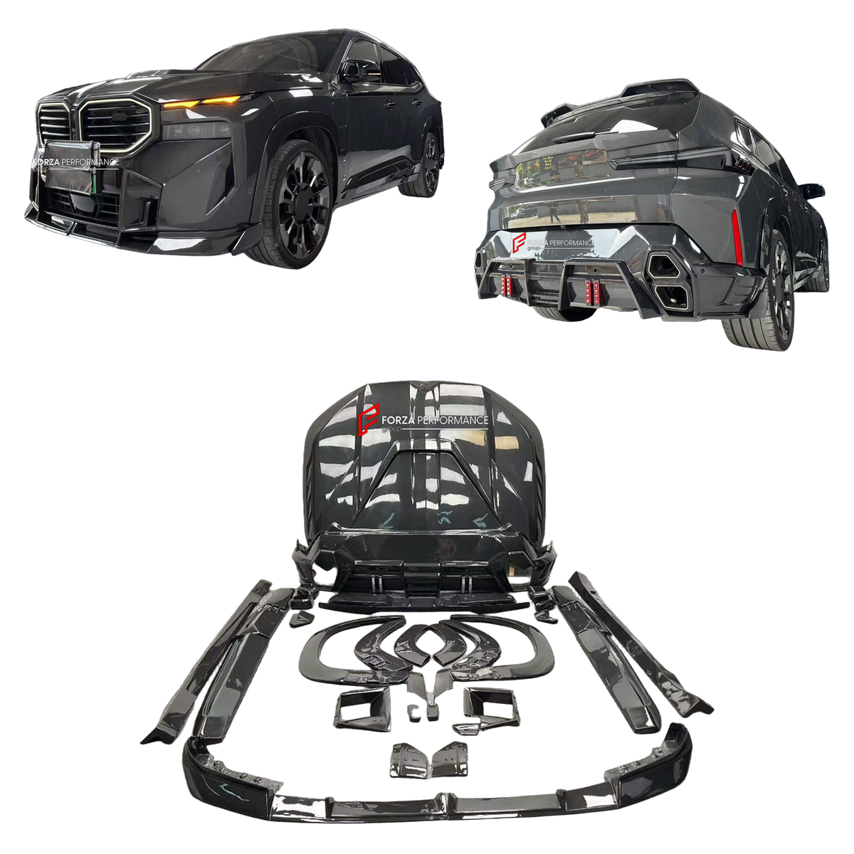 DRY CARBON BODY KIT for BMW XM G09 2023+ FORZA PERFORMANCE custom fit Larte Design Style

Set includes:
Front Lip
Front Bumper Air Vent Covers
Hood Bonnet
Fender Flares
Body Side Door Moldings
Side Skirts
Roof Spoiler
Rear Spoiler Wing
Rear Bumper Fins
Rear Diffuser

Material: Dry Carbon

NOTE: Professional installation is required.