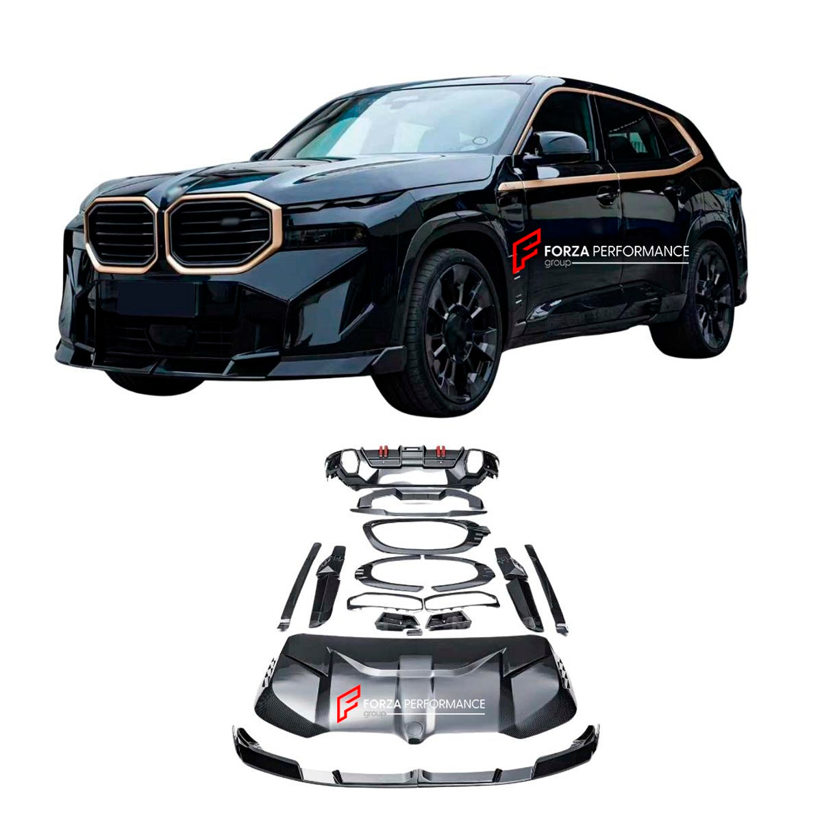 BODY KIT for BMW XM G09 2023+
Set includes:

Front Lip
Mesh Trims
Grille Trims
Hood Bonnet
Side Skirts
Fender Flares
Roof Spoiler
Rear Diffuser
Material: Dry Carbon

NOTE: Professional installation is required.
