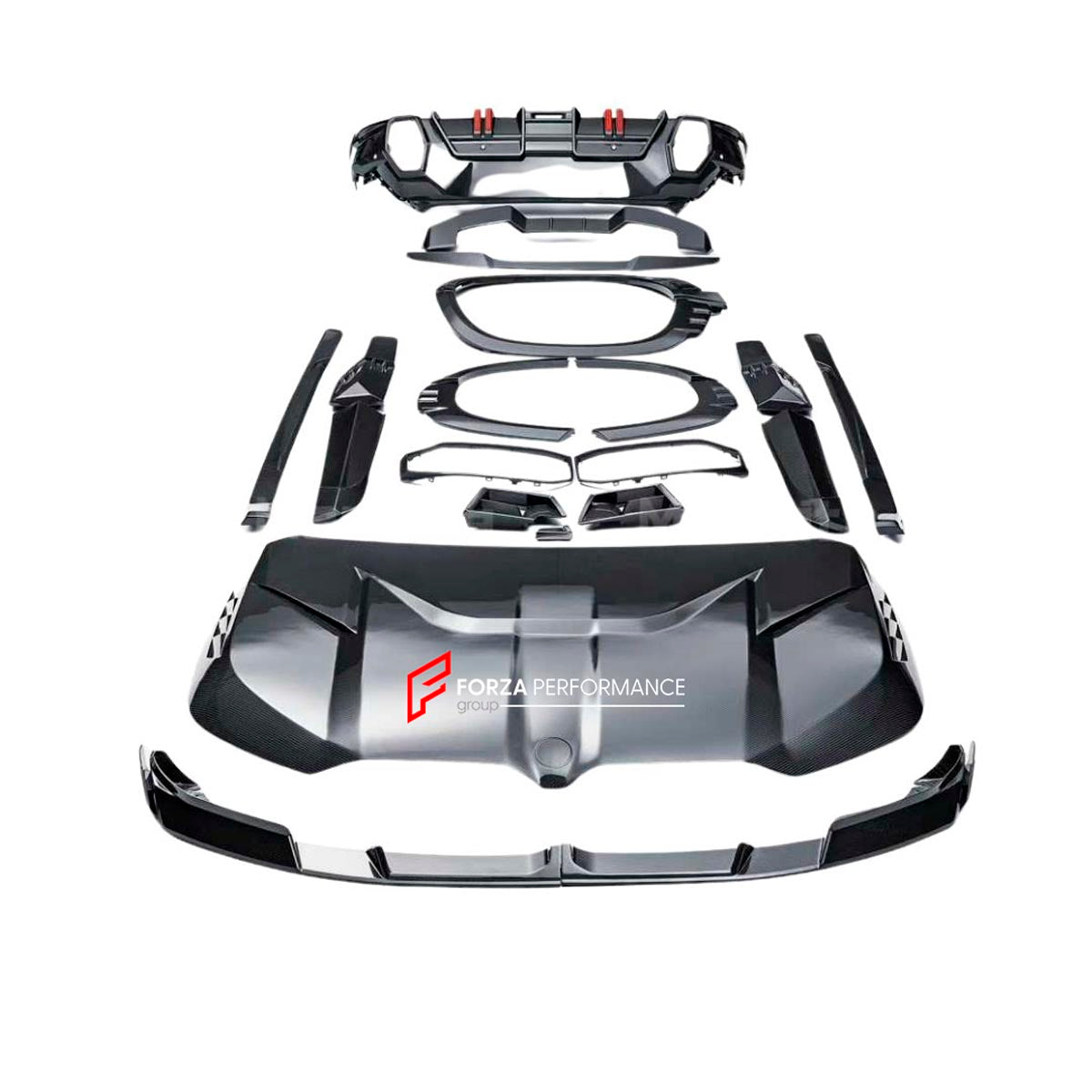 BODY KIT for BMW XM G09 2023+
Set includes:

Front Lip
Mesh Trims
Grille Trims
Hood Bonnet
Side Skirts
Fender Flares
Roof Spoiler
Rear Diffuser
Material: Dry Carbon

NOTE: Professional installation is required.