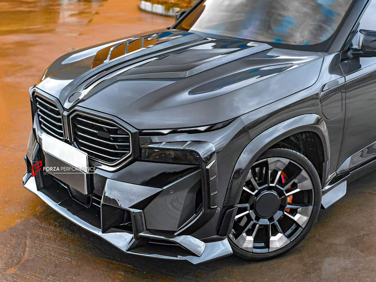 DRY CARBON BODY KIT for BMW XM G09 2023+ FORZA PERFORMANCE custom fit MS Style

Set includes:
Front Lip
Front Bumper Canards
Hood Bonnet
Fender Flares
Side Skirts
Roof Spoiler
Ducktail Spoiler
Rear Bumper
Rear Diffuser

Material: Dry Carbon

NOTE: Professional installation is required.