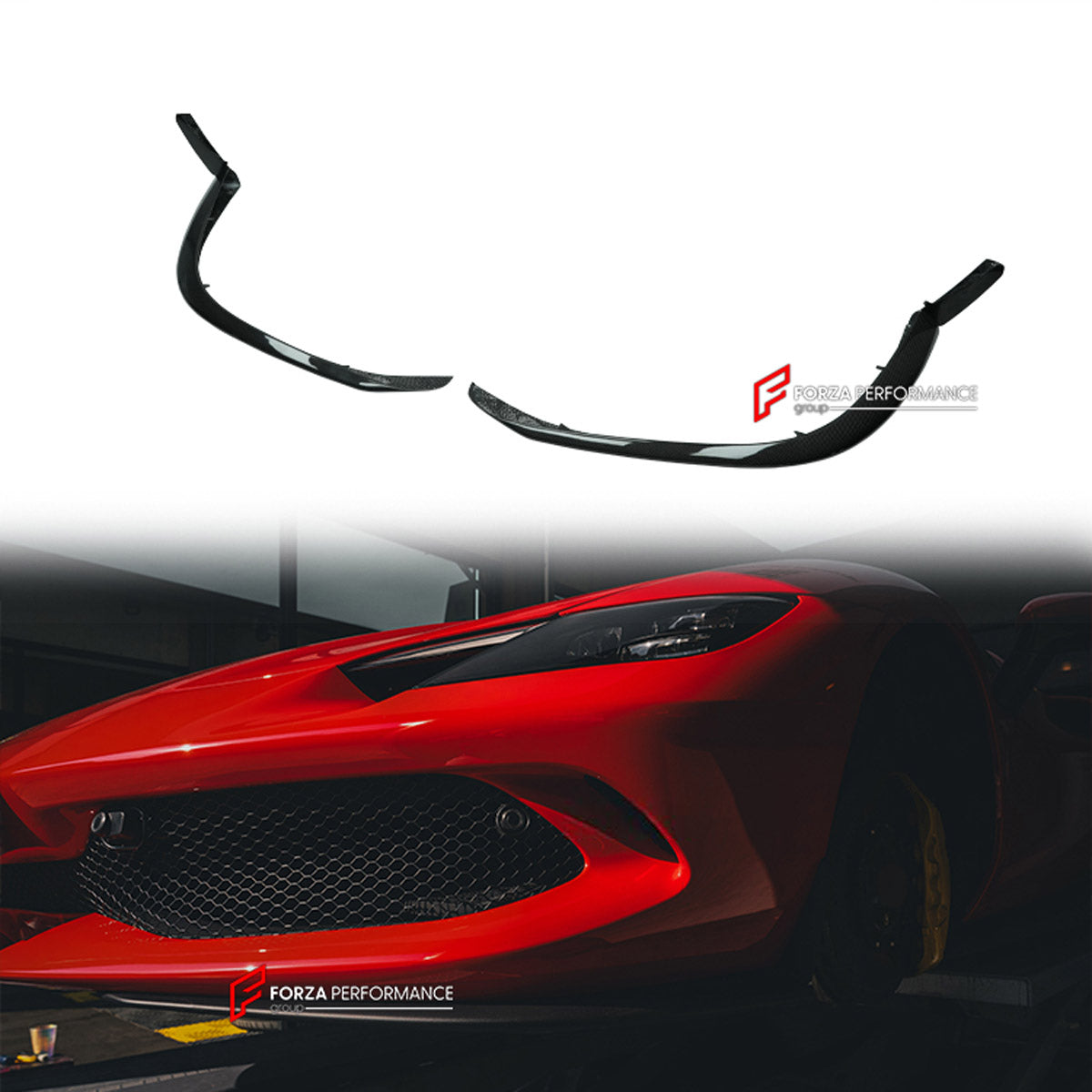 DRY CARBON BODY KIT for FERRARI 296 GTB GTS 2022+ FORZA PERFORMANCE custom fit OEM Style

Set includes:
Front Lip
Front Lip Splitter
Side Skirts
Rear Spoiler
Engine Cover
Engine Bay Trim Covers
Rear Diffuser

Material: Dry Carbon

NOTE: Professional installation is required.