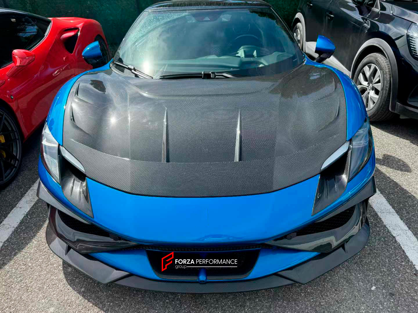 CARBON BODY KIT for FERRARI 296 GTB/GTS  Set includes: Front Lip Front Bumper Air Vent Covers Hood Panel Trim Fender Vents Side Skirts Side Air Vent Covers Engine Cover Rear Spoiler Rear Diffuser
