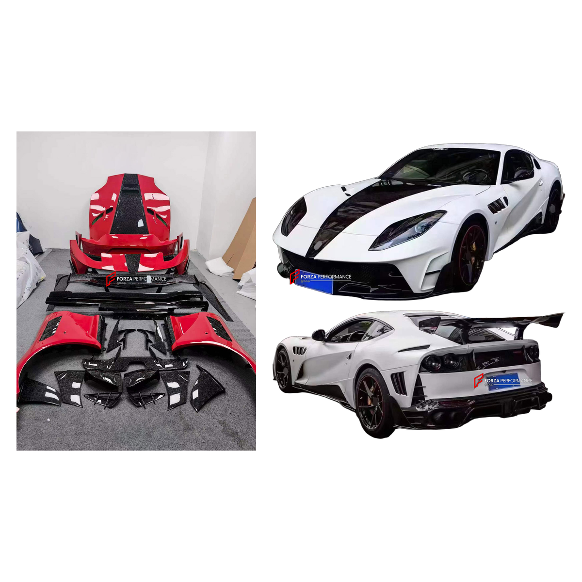 DRY CARBON BODY KIT for FERRARI 812 SUPERFAST 2017 - 2023 FORZA PERFORMANCE custom fit Mansory Style

Set includes:
Front Lip
Front Bumper Canards
Hood Bonnet
Front Fenders
Side Skirts
Rear Spoiler Wing
Rear Bumper Fins
Rear Diffuser

Material: Dry Carbon

NOTE: Professional installation is required.