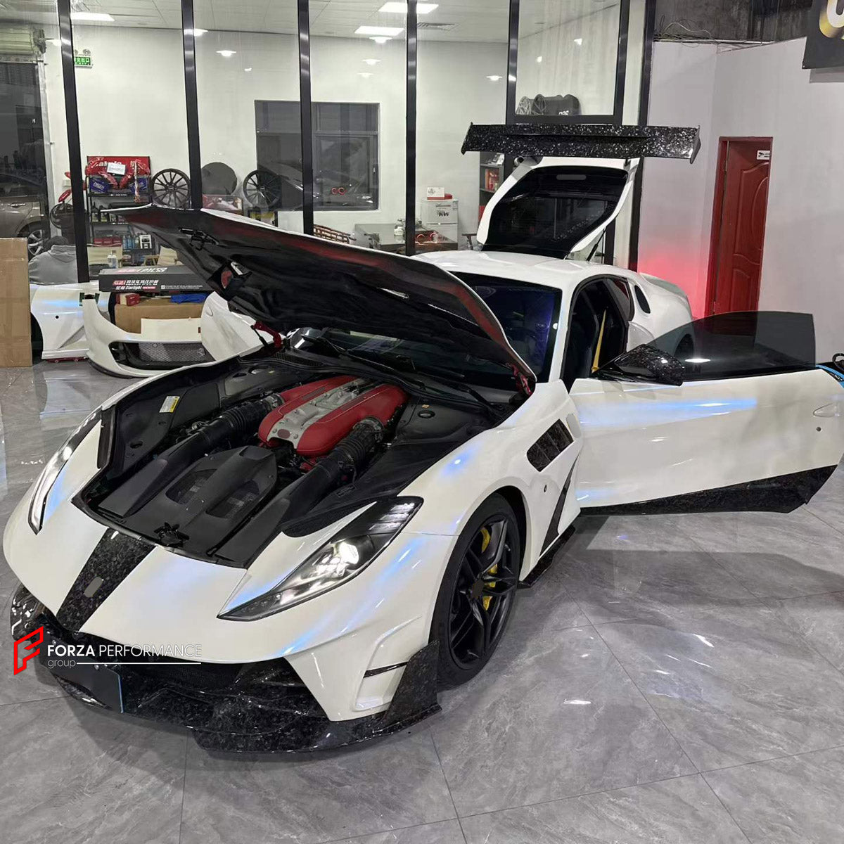 DRY CARBON BODY KIT for FERRARI 812 SUPERFAST GTS 2017 - 2023 FORZA PERFORMANCE custom fit Mansory Style

Set includes:
Front Lip
Front Bumper Assembly
Hood Bonnet
Front Fenders
Side Skirts
Rear Spoiler Wing
Rear Bumper Assembly
Rear Diffuser

Material: Dry Carbon

NOTE: Professional installation is required.