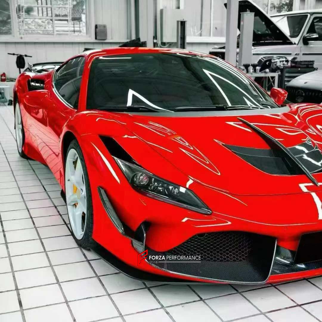DRY CARBON BODY KIT for FERRARI F8 2019 - 2022
Set includes:

Front Lip
Front Bumper Vents
Front Bumper Canards
Hood Bonnet
Side Skirts
Rear Spoiler
Rear Diffuser
Material: Dry Carbon

NOTE: Professional installation is required.