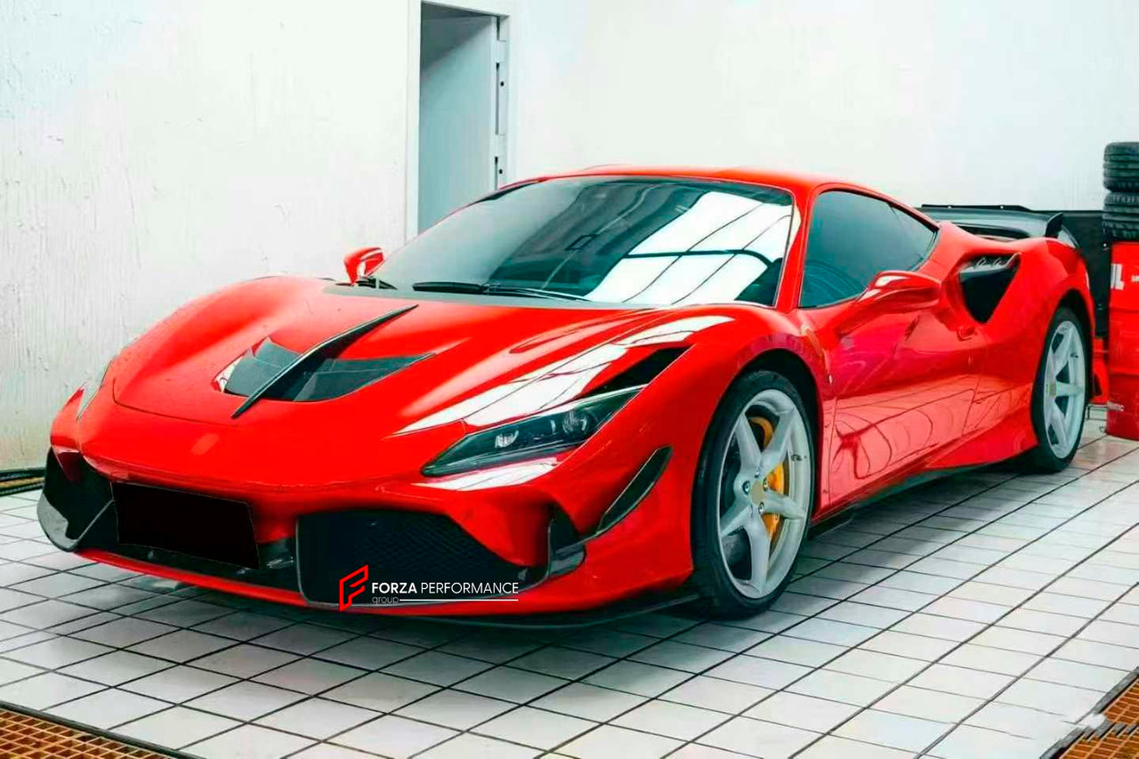 DRY CARBON BODY KIT for FERRARI F8 2019 - 2022
Set includes:

Front Lip
Front Bumper Vents
Front Bumper Canards
Hood Bonnet
Side Skirts
Rear Spoiler
Rear Diffuser
Material: Dry Carbon

NOTE: Professional installation is required.