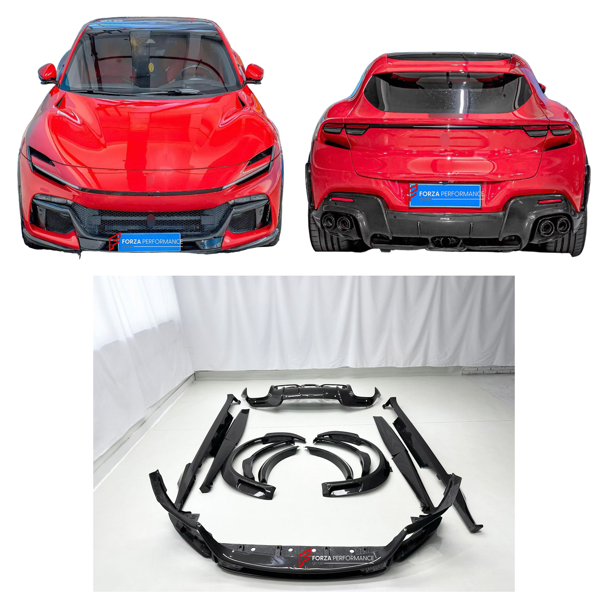 DRY CARBON BODY KIT for FERRARI PUROSANGUE 2023+ FORZA PERFORMANCE custom fit OEM Style

Set includes:
Front Lip
Fender Flares
Side Skirts
Rear Diffuser

Material: Dry Carbon

NOTE: Professional installation is required.