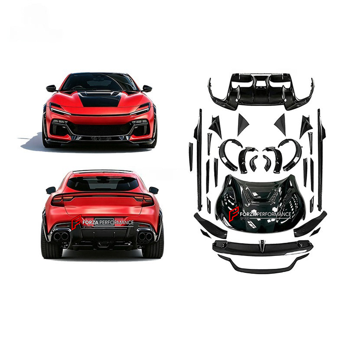 DRY CARBON BODY KIT for FERRARI PUROSANGUE 2023+ FORZA PERFORMANCE custom fit Novitec Style
Set includes:

Front Lip
Front Bumper
Hood Bonnet
Front Fender Flares
Side Mirror Covers
Side Skirts
Rear Fender Flares
Roof Spoiler
Ducktail Spoiler
Rear Diffuser
Material: Dry Carbon

NOTE: Professional installation is required.