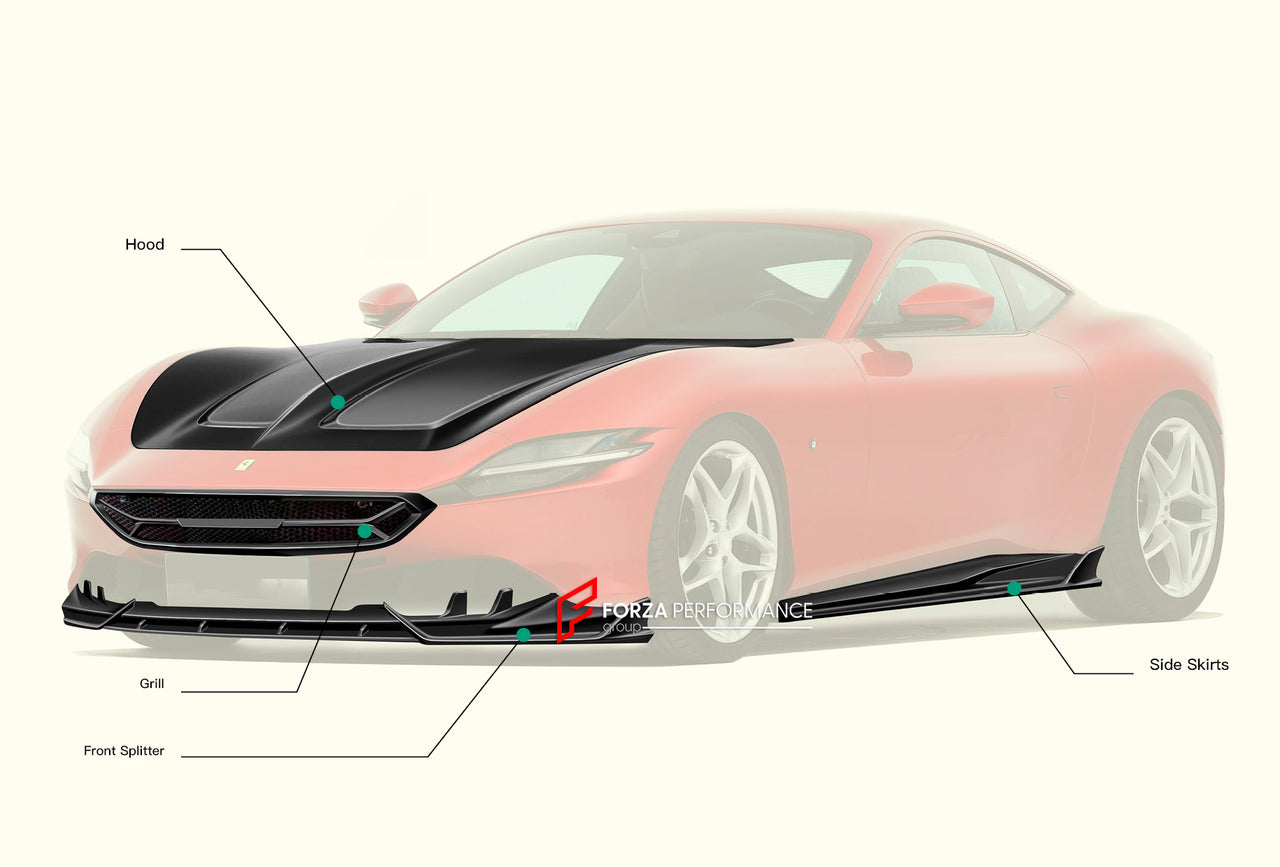 DRY CARBON BODY KIT for FERRARI ROMA 2019+

Set includes:

Front Lip
Grille
Hood/Bonnet
Side Skirts
Rear Spoiler
Rear Diffuser

Material: Dry Carbon

* Each part can be sent separately. If you need, please contact us.