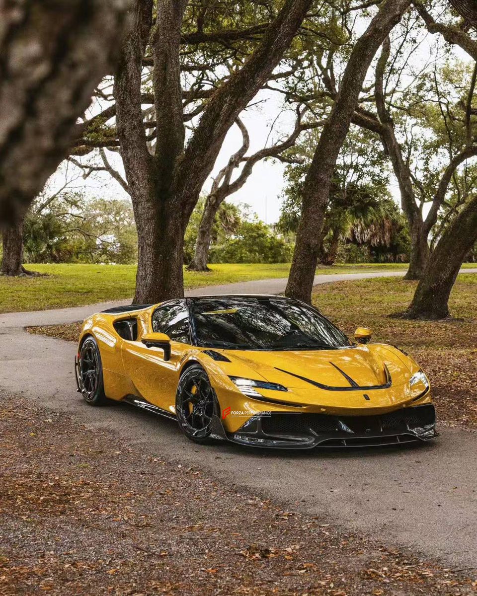DRY CARBON BODY KIT for FERRARI SF90 2019+
Set includes:

Front Lip
Front Bumper Canards
Hood Bonnet Trim
Side Mirror Covers
Side Skirts
Rear Side Air Vents
Engine Bay Cover Lid
Rear Spoiler
Rear Diffuser
Material: Dry Carbon

NOTE: Professional installation is required.