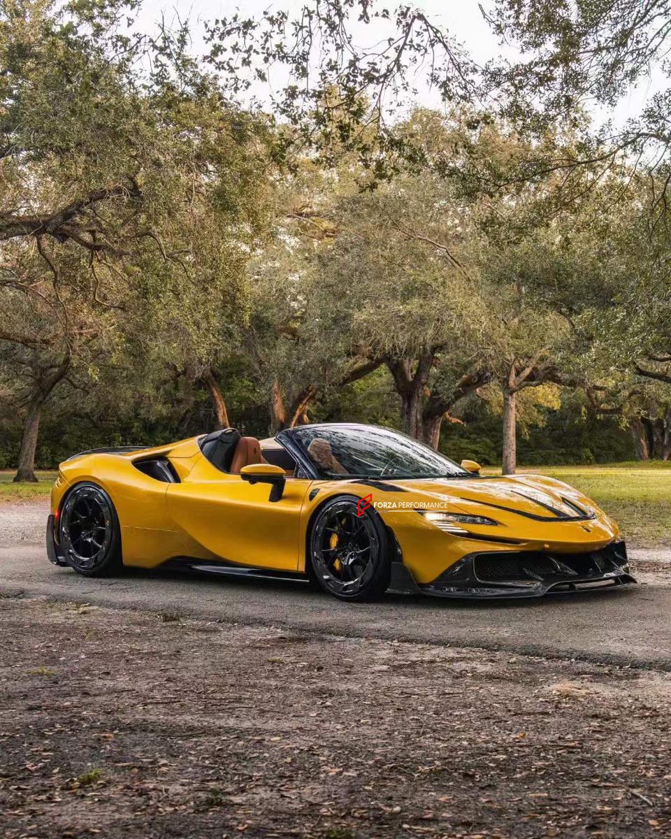 DRY CARBON BODY KIT for FERRARI SF90 2019+
Set includes:

Front Lip
Front Bumper Canards
Hood Bonnet Trim
Side Mirror Covers
Side Skirts
Rear Side Air Vents
Engine Bay Cover Lid
Rear Spoiler
Rear Diffuser
Material: Dry Carbon

NOTE: Professional installation is required.