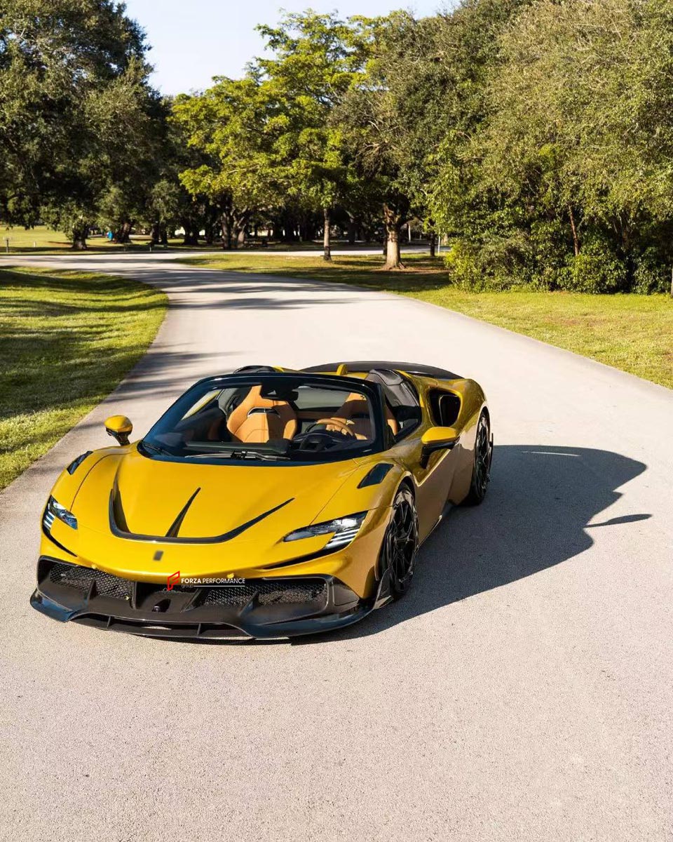 DRY CARBON BODY KIT for FERRARI SF90 2019+
Set includes:

Front Lip
Front Bumper Canards
Hood Bonnet Trim
Side Mirror Covers
Side Skirts
Rear Side Air Vents
Engine Bay Cover Lid
Rear Spoiler
Rear Diffuser
Material: Dry Carbon

NOTE: Professional installation is required.