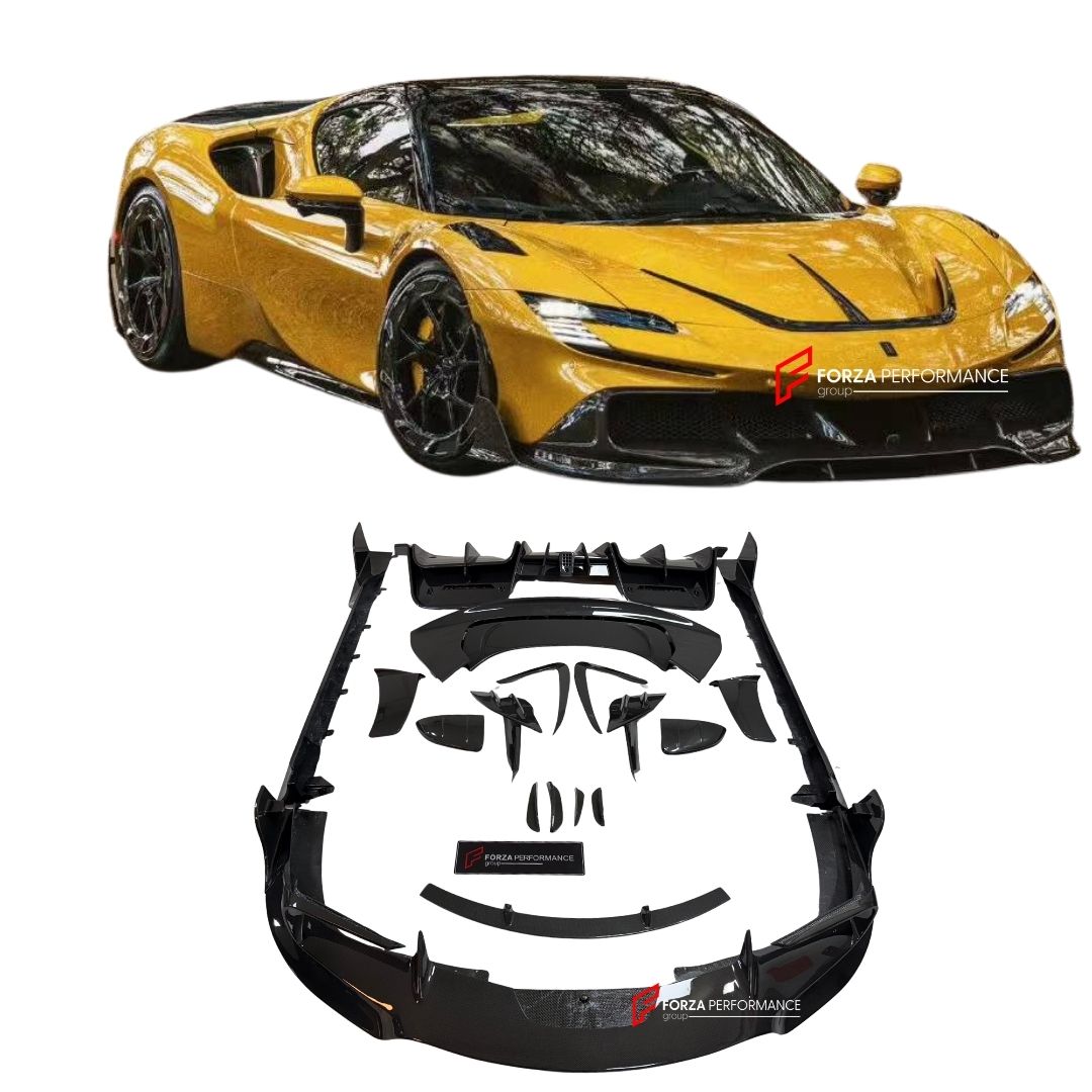 DRY CARBON BODY KIT for FERRARI SF90 2019+
Set includes:

Front Lip
Front Bumper Canards
Hood Bonnet Trim
Side Mirror Covers
Side Skirts
Rear Side Air Vents
Engine Bay Cover Lid
Rear Spoiler
Rear Diffuser
Material: Dry Carbon

NOTE: Professional installation is required.